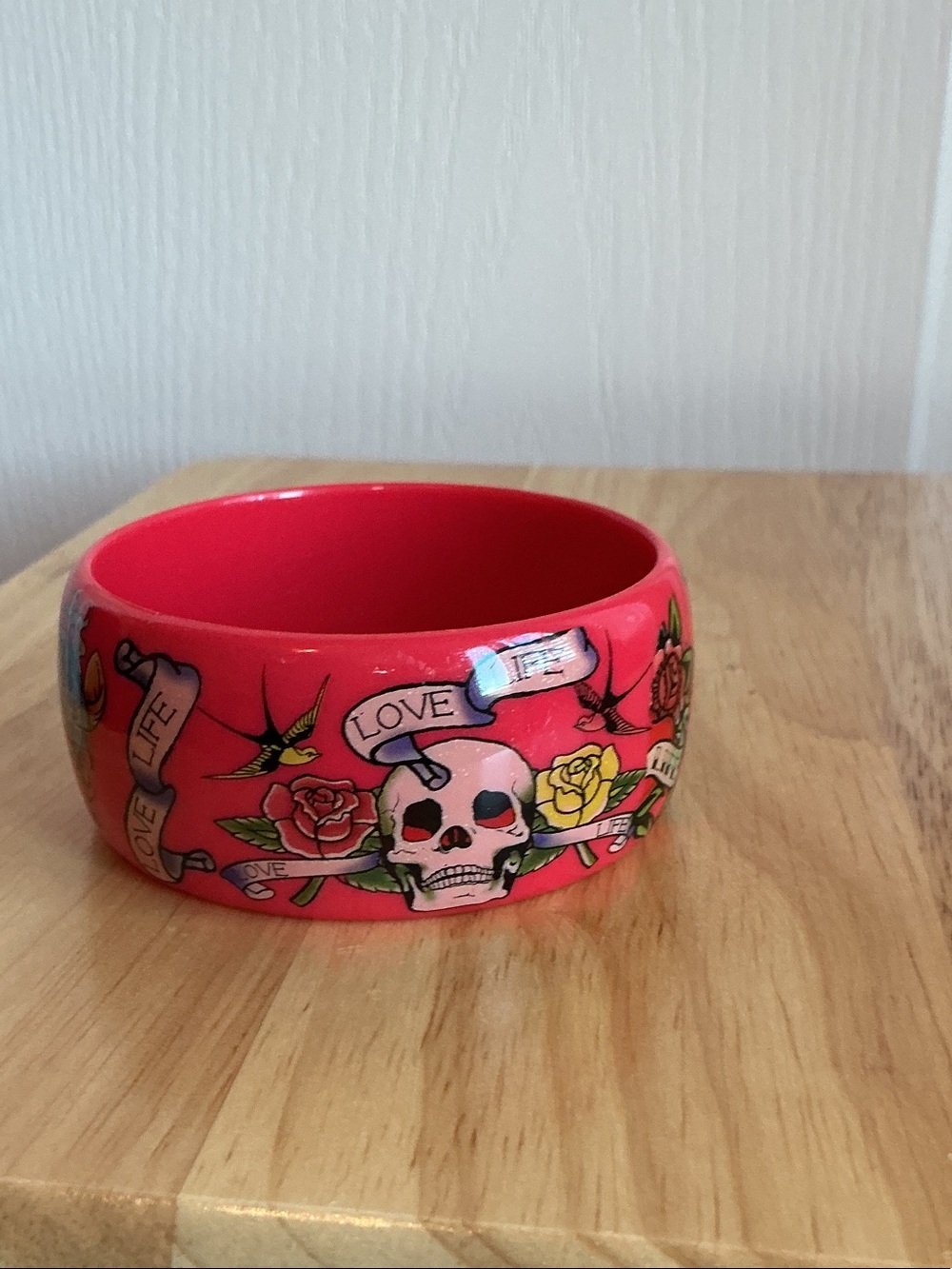 Hot Pink/Coral Skull & Rose Resin Bangle Bracelet